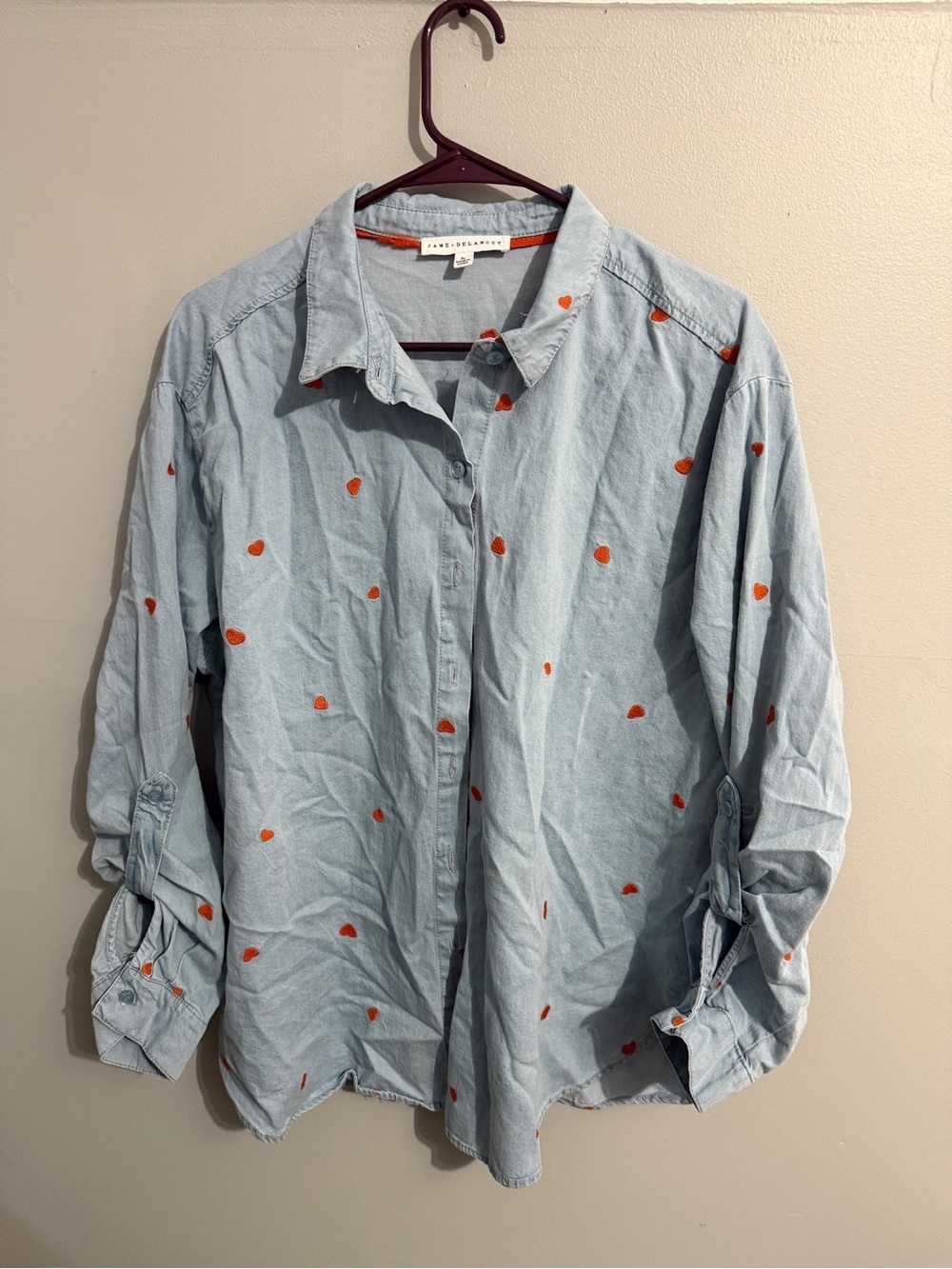 Jane Delancey Shirt Womens Extra Large Heart Print Button Up roll Tab Sleeves
